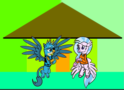 Size: 695x502 | Tagged: safe, artist:darlycatmake, gallus, silverstream, griffon, hippogriff, g4, clothes, costume, cute, drawing, fanart, female, gallabetes, halloween, halloween costume, happy, holiday, house, looking at each other, looking at someone, male, prison outfit, ship:gallstream, shipping, smiling, smiling at each other, spread wings, straight, wings