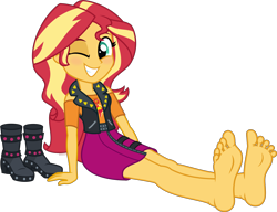 Size: 6000x4597 | Tagged: safe, artist:n0kkun, sunset shimmer, human, equestria girls, g4, adorasexy, barefoot, boots, cute, feet, fetish, foot fetish, foot focus, grin, looking at you, one eye closed, sexy, shimmerbetes, shoes, show accurate, simple background, smiling, soles, solo, transparent background, vector, wink, winking at you