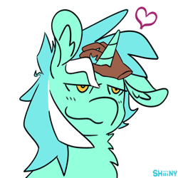 Size: 2000x2000 | Tagged: safe, artist:shiiiny, lyra heartstrings, human, pony, unicorn, g4, :3, bedroom eyes, blushing, chest fluff, disembodied hand, ear fluff, female, floppy ears, hand, head pat, heart, high res, human on pony petting, implied human, mare, pat, petting, ponytober, simple background, smiling, that pony sure does love humans, white background
