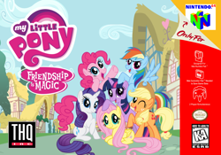 Size: 1000x698 | Tagged: safe, artist:crunchnugget, artist:segagenesis4100, applejack, fluttershy, pinkie pie, rainbow dash, rarity, twilight sparkle, earth pony, pegasus, pony, unicorn, g4, box art, esrb, female, k-a rating, mane six, mane six opening poses, mare, my little pony logo, nintendo, nintendo 64, unicorn twilight