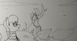 Size: 2048x1092 | Tagged: safe, artist:pony quarantine, oc, oc only, oc:bo, earth pony, pony, female, freckles, grayscale, mare, monochrome, solo, traditional art, tree stump