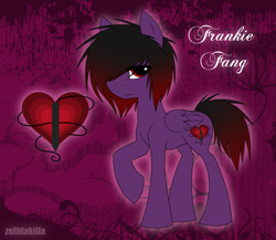Size: 1939x1685 | Tagged: safe, artist:zeffdakilla, oc, oc only, oc:frankie fang, pegasus, pony, abstract background, black hair, cutie mark, emo, emotionless, looking back, male, purple fur, raised hoof, raised leg, reference sheet, solo, stallion, standing