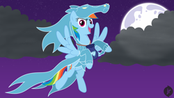 Size: 1920x1080 | Tagged: safe, artist:facelessjr, rainbow dash, pegasus, pony, windigo, mlp fim's twelfth anniversary, g4, bag, candy bag, clothes, cloud, cloudy, costume, dark clouds, evil grin, female, grin, moon, night, nightmare night, pose, raised hoof, smiling, solo, spread wings, stars, wings