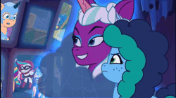 Size: 520x291 | Tagged: safe, edit, edited screencap, screencap, misty brightdawn, opaline arcana, alicorn, pony, unicorn, g5, haunted house (episode), my little pony: tell your tale, spoiler:g5, spoiler:my little pony: tell your tale, spoiler:tyts01e31, animated, bad breath, caption, female, gif, halitosis, image macro, jewelry, mare, necklace, text