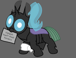 Size: 3000x2327 | Tagged: safe, artist:theunidentifiedchangeling, oc, oc:[unidentified], changeling, mlp fim's twelfth anniversary, animated, arm band, buggo, changeling oc, cute, cuteling, derp, digital art, foal, gray background, high res, horn, intentional spelling error, mouth hold, paper, simple background, solo, spread wings, wings