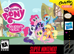 Size: 1024x748 | Tagged: safe, artist:crunchnugget, artist:segagenesis4100, applejack, fluttershy, pinkie pie, rainbow dash, rarity, twilight sparkle, earth pony, pegasus, pony, unicorn, g4, box art, esrb, female, k-a rating, mane six, mane six opening poses, mare, nintendo, super nintendo, unicorn twilight