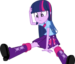 Size: 966x827 | Tagged: safe, edit, edited screencap, editor:homersimpson1983, screencap, twilight sparkle, human, equestria girls, g4, background removed, backpack, blouse, boots, bowtie, clothes, female, hair, not a vector, puffy sleeves, shoes, simple background, sitting, skirt, solo, teenager, transparent background