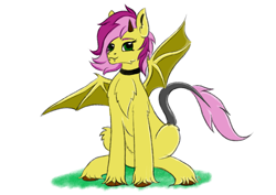 Size: 4093x2894 | Tagged: safe, artist:palettenight, oc, oc:sillist, hybrid, original species, pegasus, pony, collar, fluffy, grass, horn, horns, looking at you, sitting, smiling, solo, spread wings, tail, teeth, wings