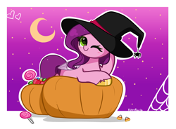 Size: 5125x3777 | Tagged: safe, artist:kittyrosie, pipp petals, pegasus, pony, g5, absurd resolution, adorapipp, candy, crescent moon, cute, female, food, halloween, hat, holiday, lollipop, looking at you, mare, moon, one eye closed, pumpkin, smiling, solo, unshorn fetlocks, wink, winking at you, witch hat