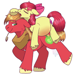 Size: 3000x3000 | Tagged: safe, artist:ponykittenboi, derpibooru exclusive, apple bloom, big macintosh, earth pony, pony, g4, apple bloom riding big macintosh, apple bloom's bow, belly, belly blush, big belly, big macintosh's yoke, bow, brother and sister, drool, eyes closed, female, filly, foal, hair bow, high res, horse collar, implied foalcon, lidded eyes, looking back, male, not shipping, open mouth, pregbloom, pregnant, pregnant apple bloom, pregnant foal, raised leg, siblings, signature, simple background, sleeping, smiling, stallion, straw, straw in mouth, unshorn fetlocks, walking, watermark, white background