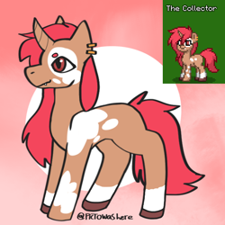 Size: 600x600 | Tagged: safe, artist:briarlight, oc, oc:the collector, pony, unicorn, pony town, antagonist, curved horn, ear piercing, earring, fanfic art, fangs, hooves, horn, jewelry, long mane, nonbinary, oc villain, piercing, solo