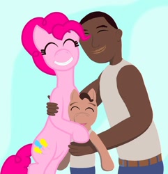 Size: 924x960 | Tagged: safe, artist:adriano suarez, pinkie pie, earth pony, human, hybrid, pony, g4, background pony strikes again, carl johnson, crossover, crossover ship offspring, crossover shipping, cursed image, eyes closed, grand theft auto, gta san andreas, interspecies offspring, offspring, shipping, smiling, wat