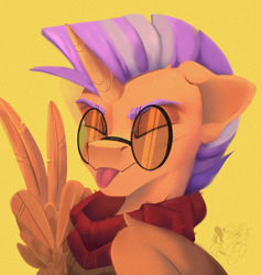 Size: 1394x1462 | Tagged: safe, artist:mirage, oc, oc only, oc:glorious morning, alicorn, pony, :p, alicorn oc, bust, clothes, commission, eyes closed, glasses, horn, peace sign, pegasus oc, portrait, scarf, solo, tongue out, unicorn oc, wing gesture, wings