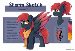 Size: 2940x1993 | Tagged: safe, artist:madelinne, oc, oc only, oc:storm sketch, pegasus, pony, clothes, colored wings, commission, male, multicolored wings, ponytail, reference sheet, scarf, solo, spread wings, stallion, wings