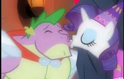 Size: 677x431 | Tagged: safe, edit, edited screencap, screencap, rarity, spike, dragon, pony, unicorn, mlp fim's twelfth anniversary, a dog and pony show, g4, armor, clothes, cute, dress, eyes closed, female, good end, happy ending, hat, hennin, kiss on the lips, kissing, knight, knight rescues the princess, knight spike, male, mare, older, older spike, princess, princess rarity, raribetes, ship:sparity, shipping, straight