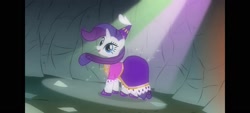 Size: 1600x720 | Tagged: safe, rarity, pony, unicorn, a dog and pony show, g4, clothes, dress, happy, hat, hennin, princess, princess rarity, screenshots, spotlight