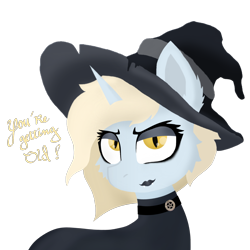 Size: 2400x2400 | Tagged: safe, artist:kotwitz, derpibooru exclusive, oc, oc only, oc:aria taitava, pony, unicorn, mlp fim's twelfth anniversary, cape, cat eyes, cheek fluff, choker, close-up, clothes, costume, ear fluff, eyeshadow, halloween, halloween costume, hat, high res, holiday, lipstick, makeup, pentagram, simple background, slit pupils, snake eyes, solo, text, transparent background, witch hat