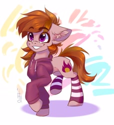 Size: 2637x2893 | Tagged: safe, artist:falafeljake, oc, oc only, oc:stuben, earth pony, pony, clothes, cute, ear fluff, eyebrows, eyebrows visible through hair, high res, hoodie, male, ocbetes, raised hoof, raised leg, signature, simple background, smiling, socks, solo, stallion