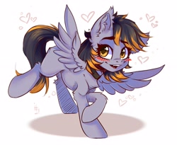 Size: 3527x2893 | Tagged: safe, artist:falafeljake, oc, oc only, oc:crossfire, hybrid, pegabat, pegasus, pony, blushing, chest fluff, collar, cute, ear fluff, eyebrows, eyebrows visible through hair, fangs, heart, high res, simple background, slender, solo, thin