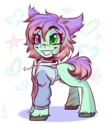Size: 1807x2048 | Tagged: safe, artist:falafeljake, oc, oc only, earth pony, pony, clothes, collar, cute, eyebrows, eyebrows visible through hair, heterochromia, hoodie, simple background, smiling, solo, unshorn fetlocks