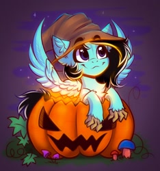 Size: 1500x1600 | Tagged: safe, artist:falafeljake, oc, oc only, hippogriff, hybrid, pegasus, pony, chest fluff, commission, cute, ear fluff, eyebrows, halloween, hat, holiday, jack-o-lantern, mushroom, pumpkin, smiling, solo, witch hat, ych result