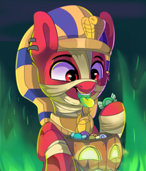 Size: 1920x2250 | Tagged: safe, artist:joaothejohn, oc, oc only, oc:flamebrush, pegasus, pony, candy, clothes, cute, egyptian, egyptian headdress, egyptian pony, food, halloween, holiday, looking down, male, pegasus oc, pharaoh, pumpkin, simple background, tongue out