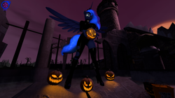 Size: 3840x2160 | Tagged: safe, artist:rainsstudio, princess luna, alicorn, anthro, plantigrade anthro, mlp fim's twelfth anniversary, g4, 3d, bag, blood moon, candy bag, castle of the royal pony sisters, clothes, female, halloween, high res, holiday, jack-o-lantern, knee-high boots, moon, nexgen, night, nightmare night, pumpkin, smiling, solo, source filmmaker, spread wings, wings