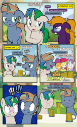 Size: 1920x3168 | Tagged: safe, artist:alexdti, apple bloom, scootaloo, sweetie belle, oc, oc:brainstorm (alexdti), oc:purple creativity, oc:star logic, earth pony, pegasus, pony, unicorn, comic:quest for friendship, a horse shoe-in, g4, growing up is hard to do, ..., ^^, blushing, comic, cutie mark crusaders, dialogue, dot eyes, drunk, ears back, exclamation point, eye contact, eyes closed, female, folded wings, glasses, glowing, glowing horn, grin, gritted teeth, hiccup, high res, horn, implied phyllis, lidded eyes, looking at each other, looking at someone, magic, male, mare, mug, narrowed eyes, older, older apple bloom, older cmc, older scootaloo, older sweetie belle, onomatopoeia, open mouth, open smile, outdoors, pegasus oc, smiling, speech bubble, stallion, teeth, telekinesis, two toned mane, unicorn oc, wall of tags, wavy mouth, wings