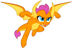 Size: 1010x676 | Tagged: safe, edit, edited screencap, screencap, smolder, dragon, g4, uprooted, background removed, blue eyes, eyes open, female, flying, looking right, not a vector, open mouth, orange skin, png, simple background, solo, transparent background