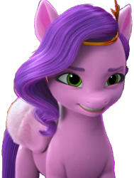 Size: 582x768 | Tagged: safe, edit, edited screencap, screencap, pipp petals, pegasus, pony, g5, hoof done it?, my little pony: make your mark, my little pony: make your mark chapter 2, spoiler:my little pony: make your mark chapter 2, spoiler:mymc02e07, 3d, background removed, eyes open, female, green eyes, grin, mare, pipp petals is not amused, purple mane, simple background, smiling, solo, standing, transparent background, unamused