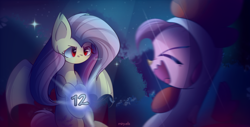Size: 2550x1300 | Tagged: safe, alternate version, artist:miryelis, fluttershy, pinkie pie, bat pony, earth pony, pegasus, pony, mlp fim's twelfth anniversary, g4, animal costume, bat ponified, chicken suit, clothes, costume, duo, female, flutterbat, halloween, halloween costume, holiday, laughing, mare, numbers, open mouth, race swap, red eyes, scared, spread wings, tree, wings