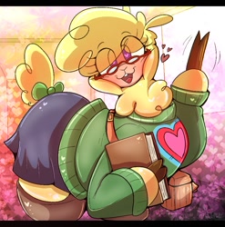 Size: 1040x1053 | Tagged: safe, artist:malachimoet, paprika (tfh), alpaca, them's fightin' herds, bag, book, clothes, cloven hooves, community related, female, glasses, saddle bag, school uniform, schoolgirl, simple background, solo, sweater
