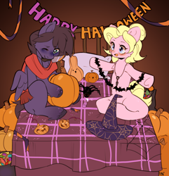 Size: 2888x3000 | Tagged: safe, artist:pledus, oc, oc only, oc:fenris ebonyglow, oc:kara waypoint, earth pony, pegasus, pony, clothes, decoration, female, halloween, high res, holiday, jewelry, karanris, male, mare, necklace, oc x oc, pumpkin, scarf, shipping, stallion, straight