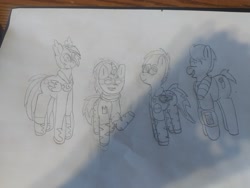 Size: 4608x3456 | Tagged: safe, artist:acid flask, derpibooru exclusive, nightmare moon, oc, oc:acid flask, oc:blood moon, oc:bold action, oc:film wheel, bat pony, earth pony, pegasus, pony, unicorn, mlp fim's twelfth anniversary, g4, artificial wings, augmented, bandage, bandaged leg, bat pony oc, bob, bomber jacket, clothes, collar, colorless, cosplay, costume, disabled, earth pony oc, eyeroll, female, goggles, guardian, happy, horn, icon, jacket, lab coat, laughing, long neck, male, mechanical wing, nightmare night costume, paper, pegasus oc, pen, picture, prosthetic limb, prosthetic wing, prosthetics, reboot (series), rooster, short, short hair, short tail, shoulder pads, simple background, smol, tail, top gun, traditional art, unicorn oc, white background, wings