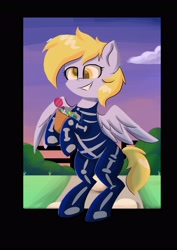 Size: 2896x4096 | Tagged: safe, artist:skylinepony_, derpy hooves, pegasus, pony, g4, bipedal, candy, clothes, costume, female, food, grin, halloween, halloween costume, high res, hoof hold, mare, smiling, solo