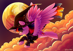 Size: 3536x2500 | Tagged: safe, artist:neonishe, twilight sparkle, alicorn, pony, mlp fim's twelfth anniversary, g4, clothes, cloud, cute, flying, hat, high res, moon, solo, twilight sparkle (alicorn), witch hat