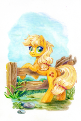 Size: 805x1200 | Tagged: safe, artist:maytee, applejack, earth pony, pony, g4, butt, colored pencil drawing, cowboy hat, female, fence, hat, looking at you, looking back, looking back at you, mare, plot, solo, traditional art