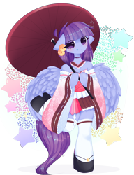 Size: 6565x8528 | Tagged: safe, artist:arwencuack, oc, oc only, oc:eminence bloom, pegasus, semi-anthro, absurd resolution, arm hooves, bare shoulders, clothes, commission, dress, floppy ears, hoof shoes, kimono minidress, minidress, simple background, socks, solo, thigh highs, transparent background, umbrella