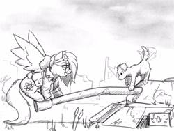 Size: 4000x3000 | Tagged: safe, artist:captainhoers, oc, oc only, oc:atom smasher, dog, pegasus, pony, fallout equestria, female, glasses, goggles on head, grayscale, grin, mare, monochrome, post-apocalyptic, smiling, spread wings, tail, tail wag, tank (vehicle), wings