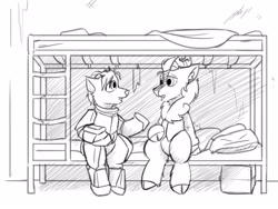 Size: 4000x3000 | Tagged: safe, artist:captainhoers, oc, oc only, oc:ash (captainhoers), oc:rowan, kirin, bunk bed, cloven hooves, duo, grayscale, ironfury, kirin oc, monochrome, nighthaze, red faction, sitting