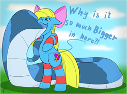 Size: 2691x2000 | Tagged: safe, artist:triksa, oc, oc only, oc:cuteamena, oc:triksa, earth pony, lamia, original species, pony, belly, bipedal, cartoon physics, clothes, colored, commission, duo, eating, gulp, hammerspace, hammerspace belly, high res, larger prey, micro pred, open mouth, round belly, size difference, smaller pred, socks, striped socks, swallowing, tail, tail wiggle, talking, vore, wiggling