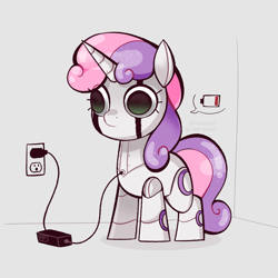 Size: 1807x1807 | Tagged: safe, artist:syrupyyy, sweetie belle, pony, robot, robot pony, unicorn, g4, charging, empty eyes, female, filly, foal, no catchlights, ponytober, solo, sweetie bot, thousand yard stare