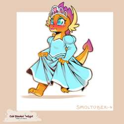 Size: 1200x1200 | Tagged: safe, artist:cold-blooded-twilight, smolder, dragon, g4, blushing, clothes, crown, crying, cute, dress, eyeshadow, jewelry, lipstick, makeup, princess smolder, puffy sleeves, regalia, smolder also dresses in style, smolderbetes, solo, teary eyes, tiara