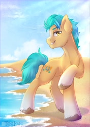 Size: 2480x3507 | Tagged: safe, artist:tokokami, hitch trailblazer, earth pony, pony, g5, beach, high res, looking at you, male, raised hoof, shore, smiling, solo, stallion, water