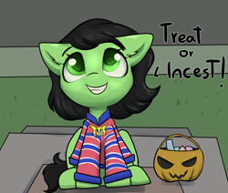 Size: 2600x2200 | Tagged: safe, artist:dumbwoofer, oc, oc only, oc:filly anon, earth pony, pony, candy, chris chan, clothes, costume, dialogue, ear fluff, female, filly, foal, food, grass, grin, halloween, halloween costume, high res, holiday, implied incest, jewelry, looking at you, looking up, looking up at you, male, necklace, open mouth, porch, shirt, sitting, smiling, solo, sonic the hedgehog, sonic the hedgehog (series), sonichu, the implications are horrible, trick or treat