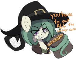 Size: 3559x2795 | Tagged: safe, artist:czu, oc, oc:coven, earth pony, pony, bust, candy, candy corn, eye clipping through hair, food, hat, high res, prehensile mane, sharp teeth, simple background, smug, talking to viewer, teeth, text, transparent background, witch, witch hat, you have to eat all the eggs