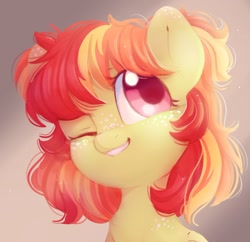 Size: 932x903 | Tagged: safe, artist:melodylibris, oc, oc only, earth pony, pony, bust, cute, female, freckles, grin, looking up, mare, ocbetes, one eye closed, shoulder freckles, smiling, solo