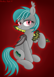 Size: 2692x3842 | Tagged: safe, artist:rainbowšpekgs, oc, oc only, oc:malachite cluster, bat pony, pony, bat pony oc, high res, male, minecraft, simple background, sitting, solo, sword, weapon