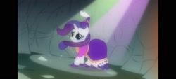 Size: 1600x720 | Tagged: safe, screencap, rarity, pony, unicorn, a dog and pony show, g4, clothes, dress, happy, hat, hennin, princess, princess rarity, solo, spotlight