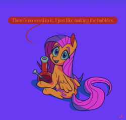 Size: 5977x5700 | Tagged: safe, artist:docwario, fluttershy, pegasus, pony, g4, bong, cute, dialogue, eyebrows, female, fluttober, looking at you, looking up, mare, painfully innocent fluttershy, purple background, shyabetes, simple background, sitting, solo, speech bubble, talking to viewer, text